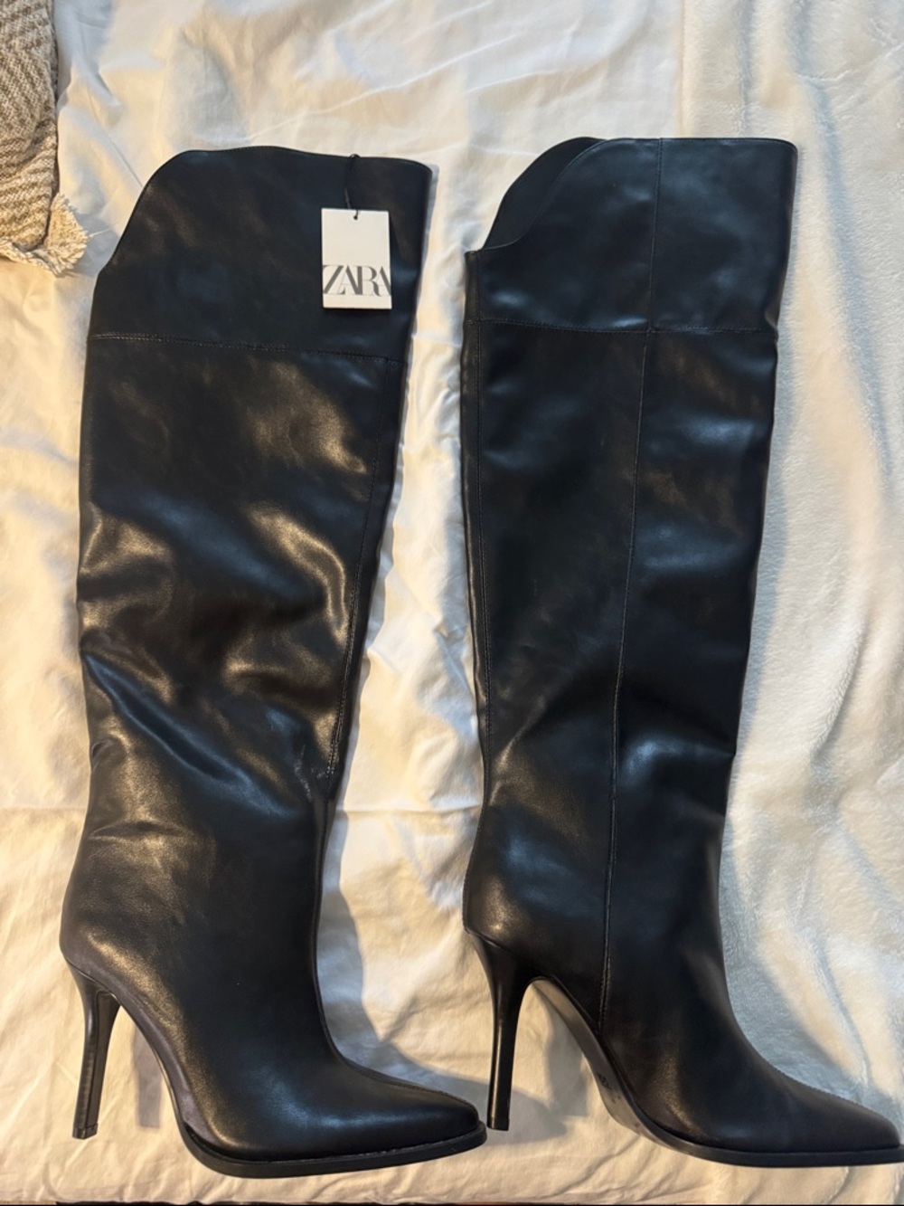 ZARA Black Leather Knee-High Stiletto Booties